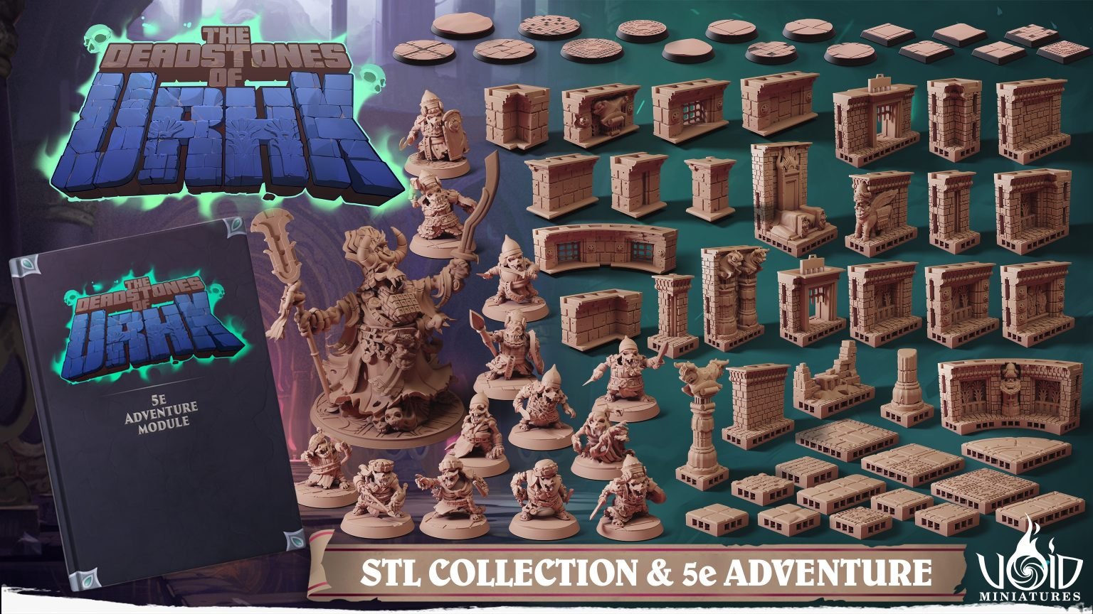 The complete Deadstones of Uhrk collection, with undead miniatures and modular ruined-city scenery
